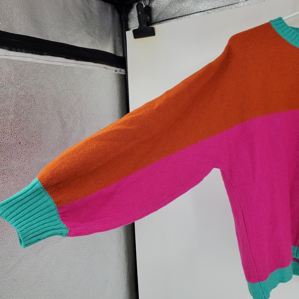 BIBI Colorblock Sweater Orange Pink Teal Crew Neck Long Sleeve Knit Top Size S - Picture 3 of 8